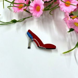 Carette by Ganz Signed Vintage Red Pump Brooch with Crystal Accents